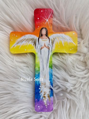 Holzkreuz * Regenbogen-Engel * bemalt * 15,5 x 10 cm